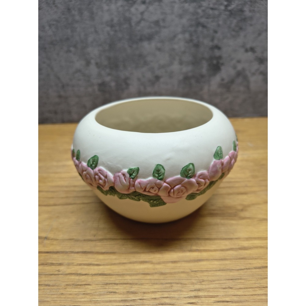Vintage 1980s FTD Flower Pot Planter Vase Raised Pink Flowers Roses Off-White